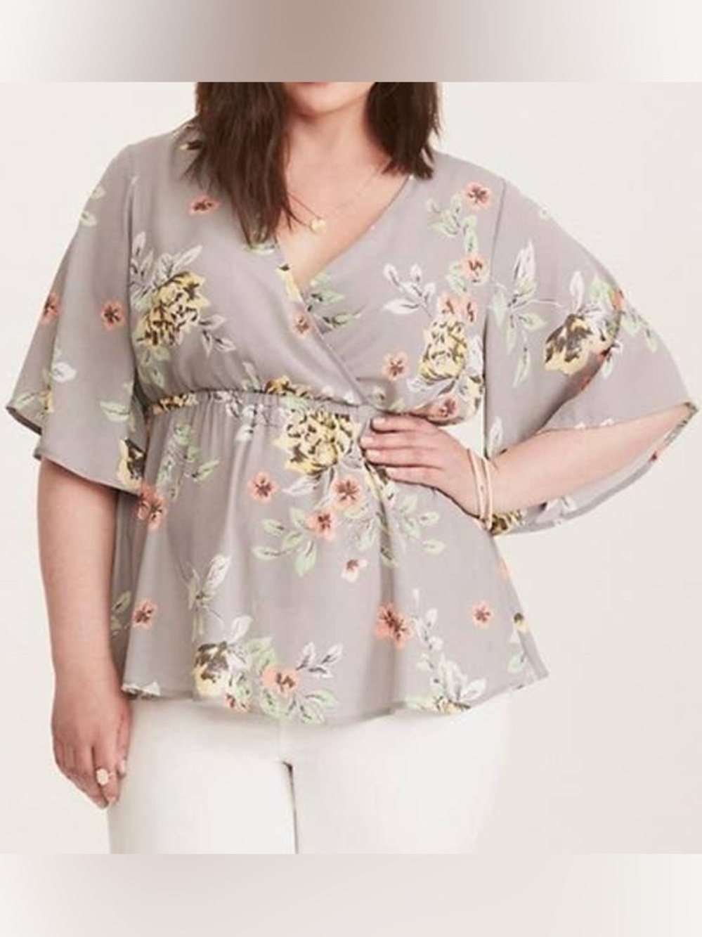 Torrid Gray Floral Short Sleeve Blouse Flowy Faux Wrap Babydoll Top- Size 1